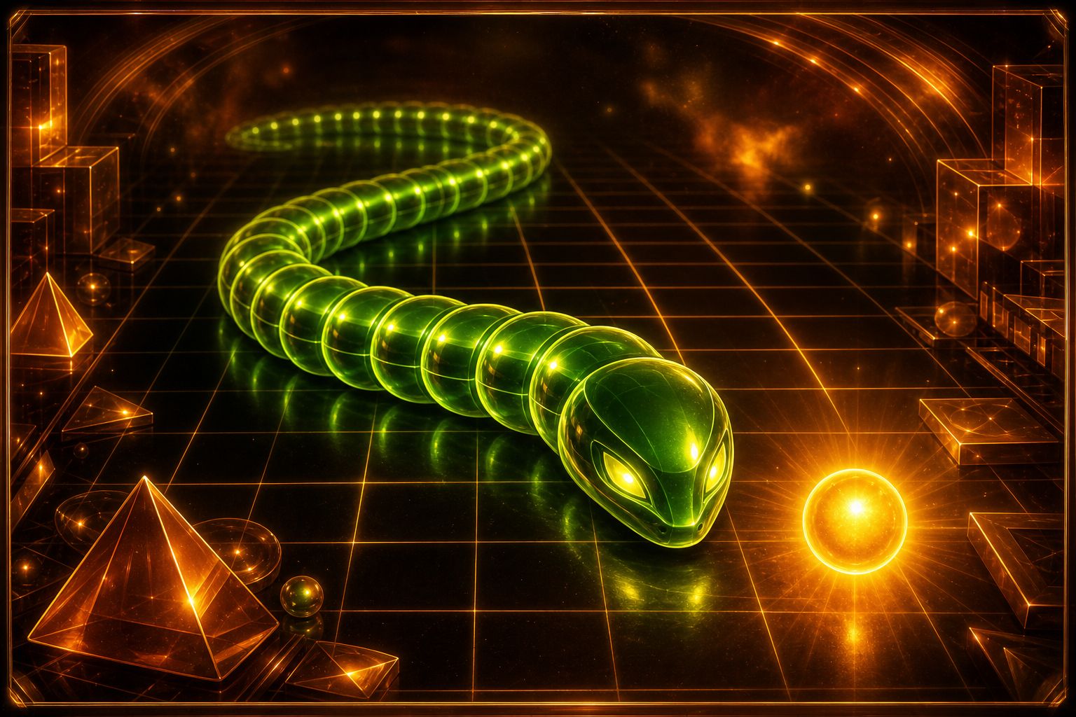 Snake — leuchtende Schlange auf dem Raster als Spielposter